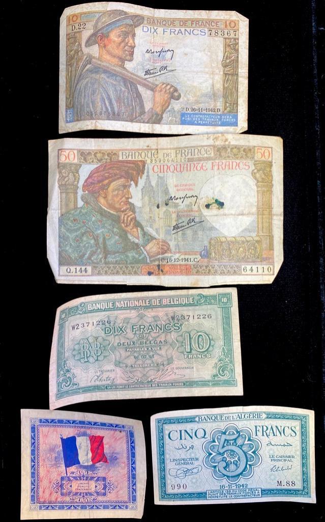 5 Wartime Franc Notes, France, Algeria, Belgium (1 of 9)
