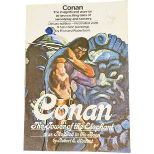 Conan In The Tower Of The Elephant Paperback: "Conan in The Tower of the Elephant" plus "The God In The Bowl" by Robert E. Howard. Deluxe Edition with illustrated full-color paintings by Richard Patterson. Was published by Grosset & Dunlap Publis