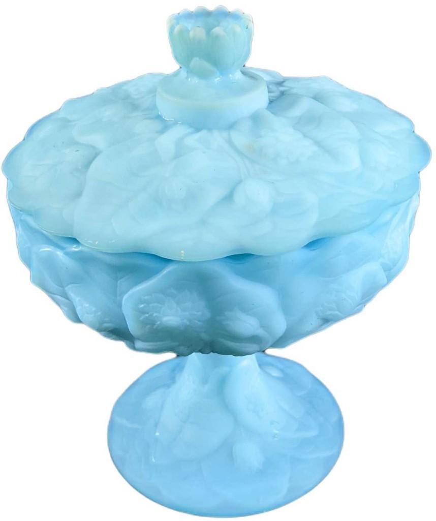 Fenton Blue Satin Water Lily Covered Candy Dish (1 of 6)