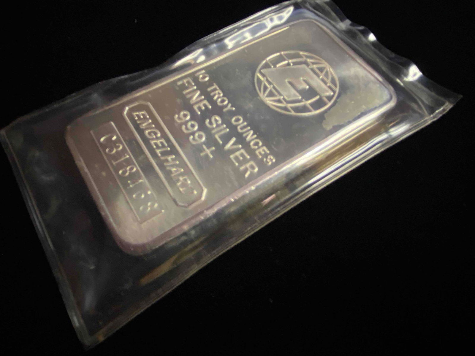 Vintage 10 Troy oz 999+ Engelhard Bull Horn Globe Fine Silver Bar (1 of 2)