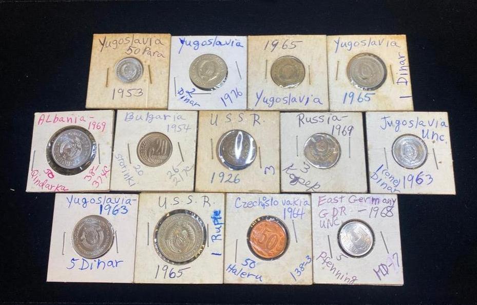 13 Soviet and Satellite State Coins: 13 Soviet and Satellite State Coins Lot of 13 coins from Communist Eastern Europe, including the USSR, Yugoslavia, Albania, Czechoslovakia, and East Germany. Coins are from various years and in varyin