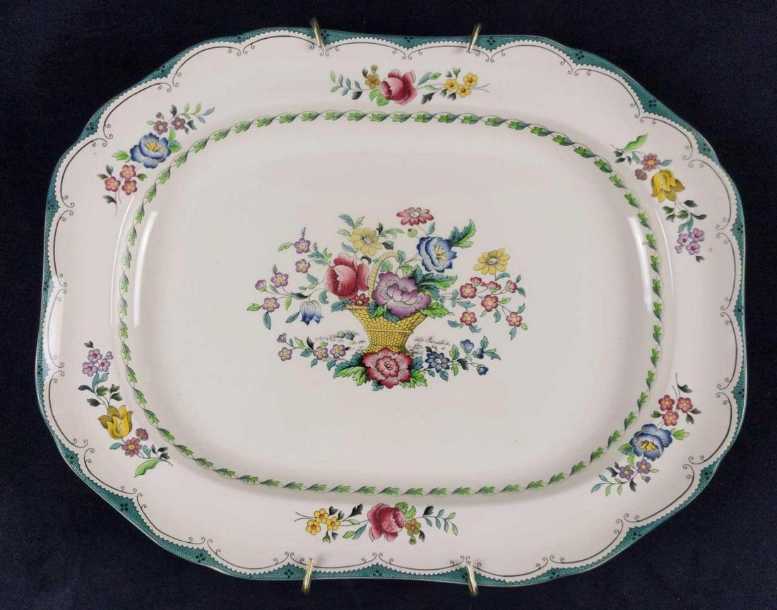 Spode Porcelain Platter Flower Embossed Avondale: One Porcelain Spode Avondale (Flowers and basket themed) Serving Platter. Is approx 16" x 12". Is in good, vintage shape with only one minor chip/bubble on the right side of the platter. Spode is an E