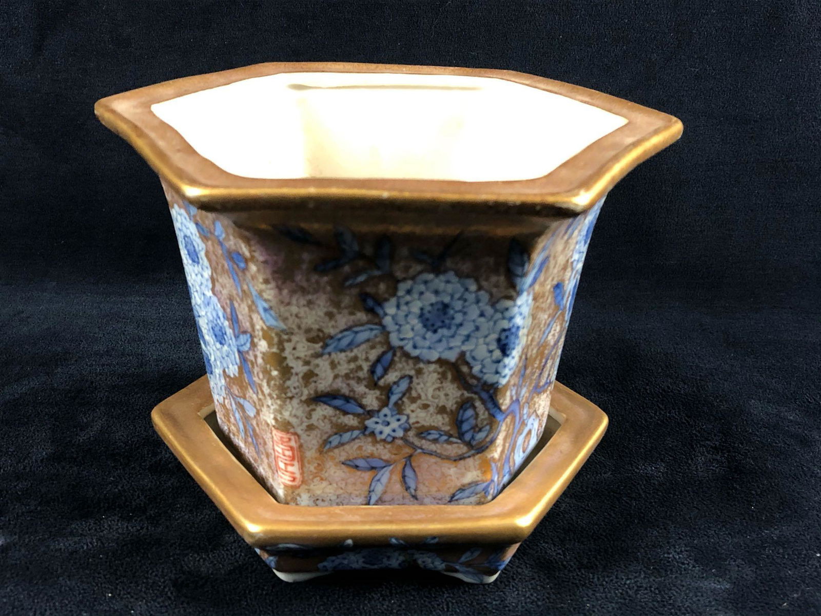 Antique Qianlong Dynasty 1736-1795 Hand Painted Flowers Gold & Blue Hexagon Flower Pot/ Dish (1 of 6)
