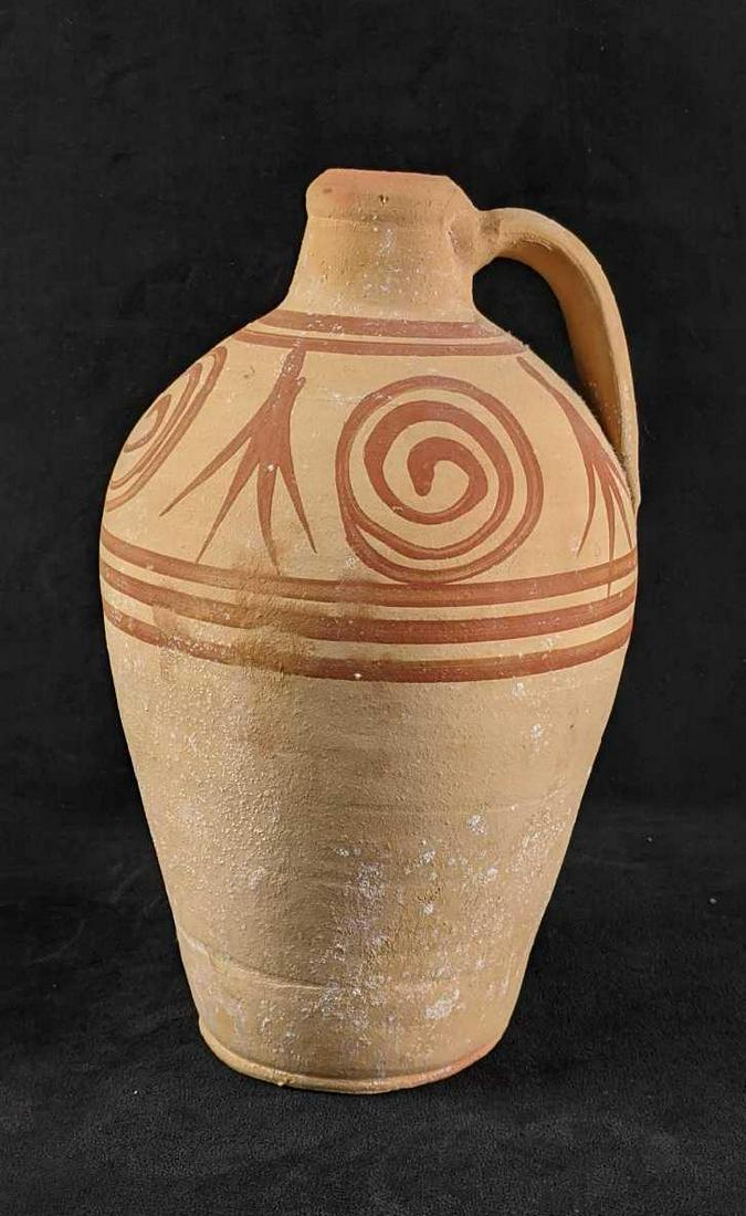 Spanish Clay Pottery Jug With Designs Red Clay: Spanish Clay Pottery Jug With Designs Red Clay This is a Spanish pottery clay jug there is no known damage besides some white specs on it from previous storage. This jug is very spanish rustic. It was