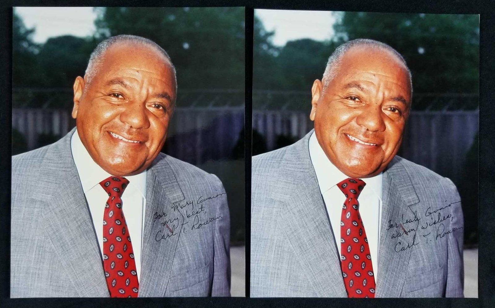 Two Autographed Photographs of Carl Rowen: No COA, but came from an avid celebrity autograph collector and believed to be real. In mint condition with no known damages such as creases, rips or tares. Measures 8" x 10". Letter included respondi