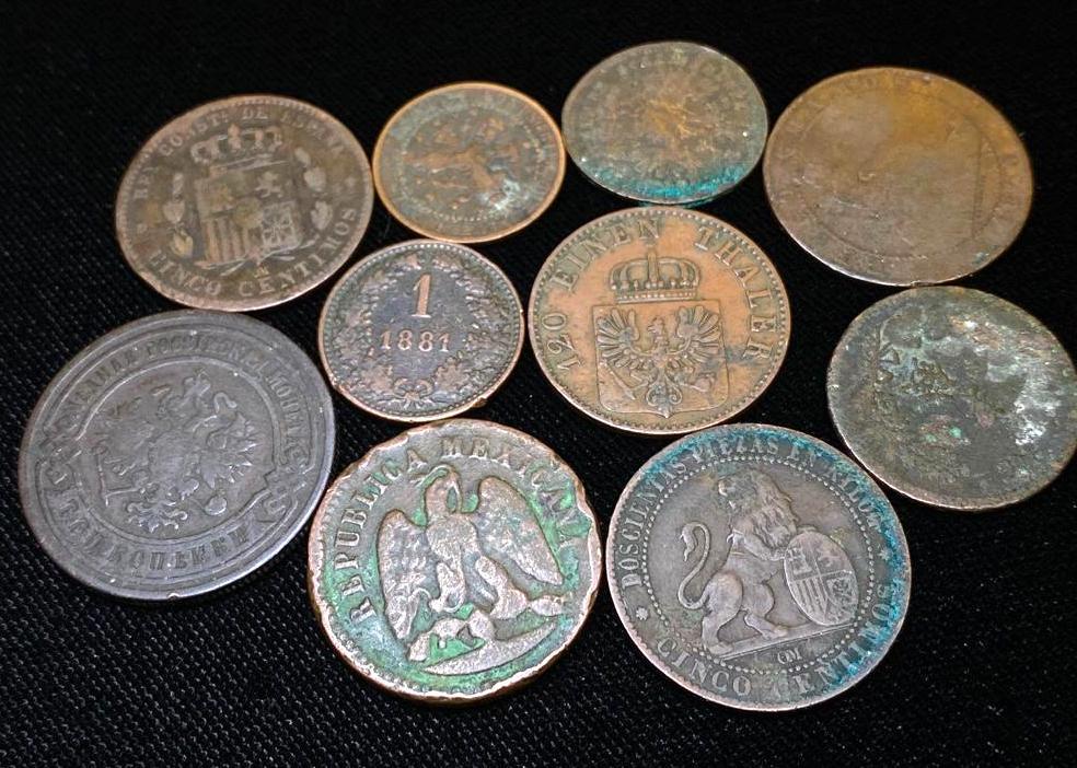 Lot of Antique European Coins: Lot of 9 Antique Coins Nine coins, mostly from the late 19th century. Most are from Europe, though there is one from Mexico and one from Japan as well. In varying condition, please see photos for best