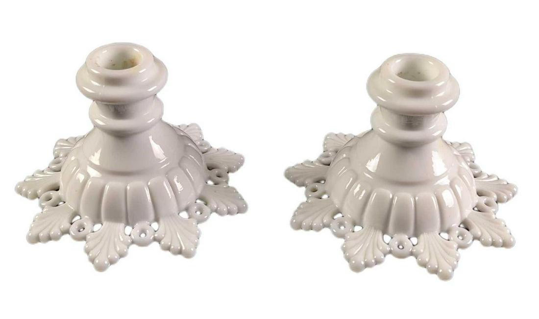 Vintage Pair Westmoreland Milk Glass Candle Holders: Vintage Elegant Pair Of Westmoreland Milk Glass Candle Holders With A Ring & Petal Pattern. Each is approx 6" x 6" x 3 1/2" and together they weigh 1.34lbs. The candle holders are in a good, vintage c