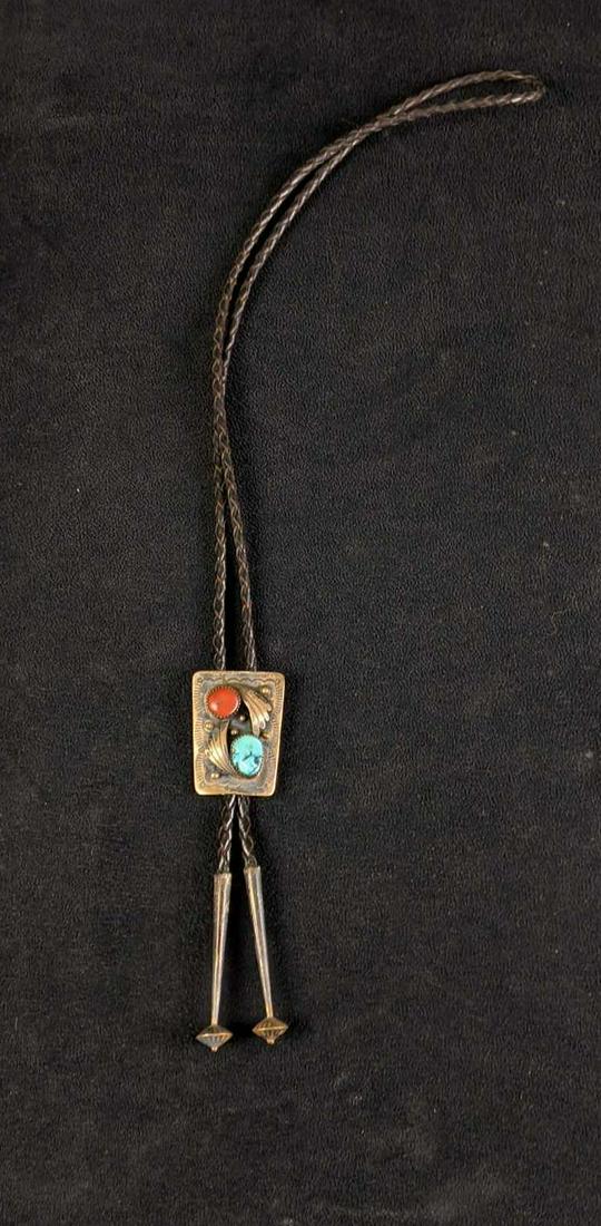 Turquoise Red Coral Leather Western Bolo Tie (1 of 8)