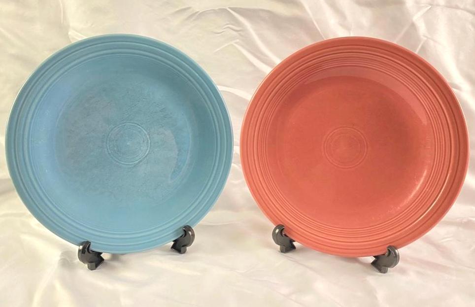 Two HLC Fiestaware 10.5" Dinner Plates: Two HLC Fiestaware 10.5" Dinner Plates Pair of Homer Laughlin China Co. Fiesta 10.5" dinner plates in retired Rose and Periwinkle colors. In good condition with only normal scratches from use, no know