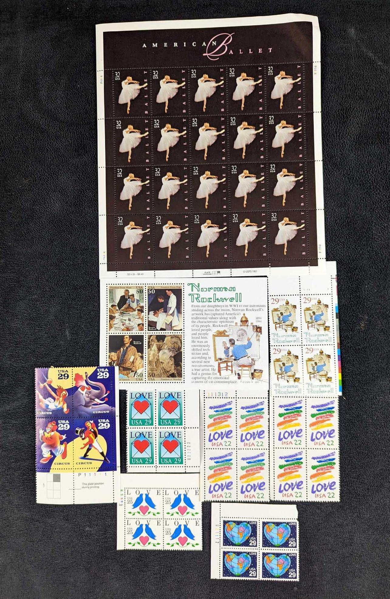 9 Sheets Of US Postal Stamps Love & Arts & Entertainment (1 of 6)