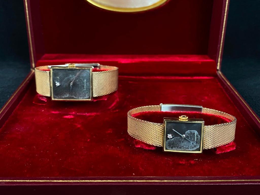 Vintage Longines 10K Filled His & Hers Watches: Vintage Longines 10K Filled His & Hers Watches Vintage 1970s or 1980s pair of his and hers watches from Longines in Switzerland with 17J movements. The cases and bands are 10k gold-filled. The watches