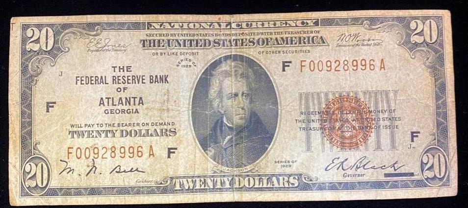 1929 Federal Reserve of GA Bank Note: 1929 Federal Reserve of GA Bank Note Material - linen paper Year- 1929 Type - 20 Dollar Bank Note Mint - Federal Reserve Bank of Atlanta Count - 1 Condition - G Graded - no