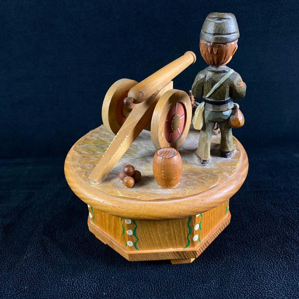 Anri-Thorens Union Soldier Music Box: Anri-Thorens Union Soldier Music Box Vintage wink up music toy by Anri with a Swiss musical movement from Thorens. The top spins as the music plays, and features a boy in a Union soldier uniform from