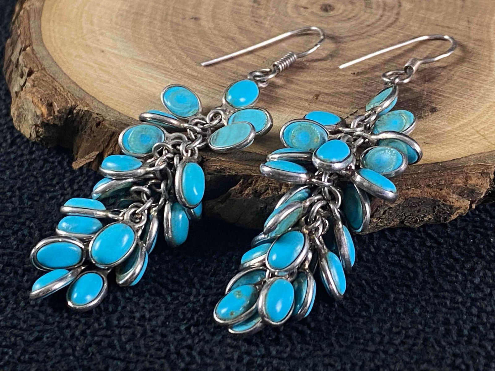 Sterling Turquoise Cluster Dangle Earrings: This fine handmade authentic Native American piece has been tested and researched to the best of our knowledge .Please review all of our pictures prior to bidding,they are part of the description . Me