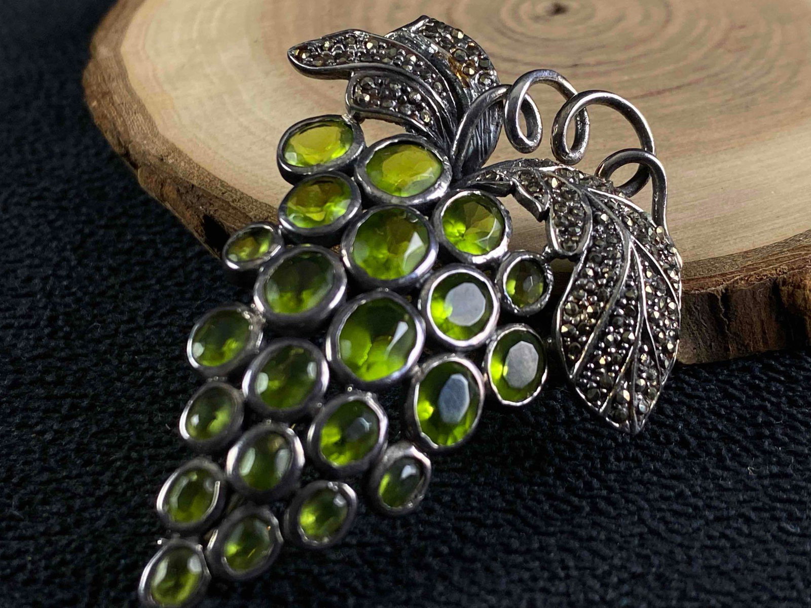 Vintage Sterling Marcasite & Green Peridot Grapevine Pendant: This fine piece of vintage jewelry has been researched and tested . Please review all our pictures they are part of our description . Happy Bidding Metal - Sterling 925 Color - Silver Maker - Unknown 
