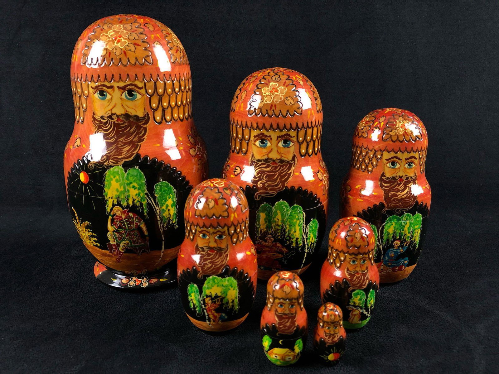 1996 Hand Painted Artist Signed Russian Matryoshka Nesting Dolls: This very detailed set of 8" 7pc nesting dolls are in Mint condition with no issues or missing pieces. Signed by the artist underneath. Please see all our pictures they are part of our description