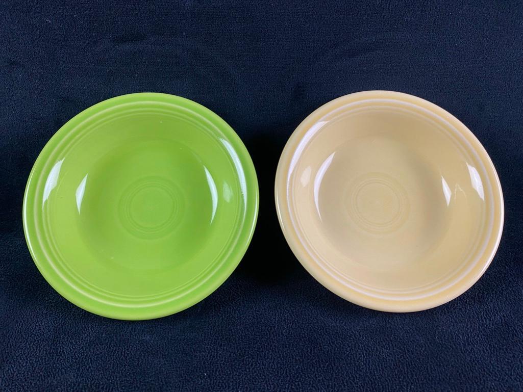 2 HLC Fiestaware Sauce/Dessert Bowls: 2 HLC Fiestaware Sauce/Dessert Bowls Pair of small sauce/dessert bowls from the Fiestaware line by Homer Laughlin China Co. The bowls are green and pale yellow, and are in good condition with no known