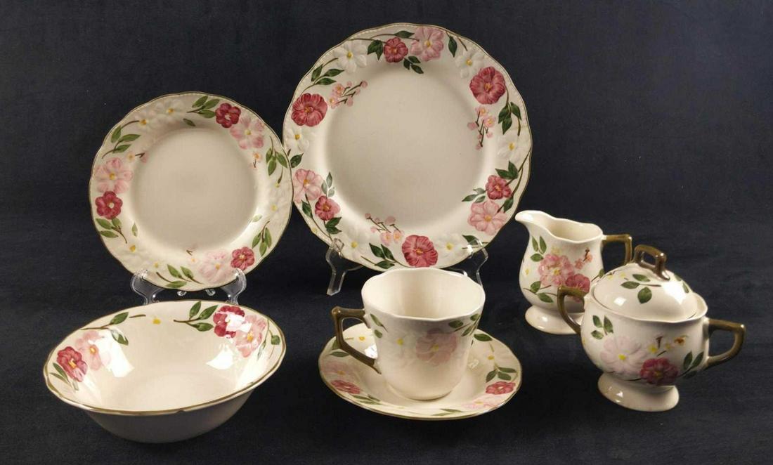 32 Vintage Cameo Florals Fine China Dinnerware CF1: This lot of 'Cameo Florals' Fine China (Set CF1) with hand-painted pink and white embossed flowers consist of: (1) Creamer This is approx 4" x 2 3/8" x 3 1/2". (1) Sugar Bowl With Top. This is approx 