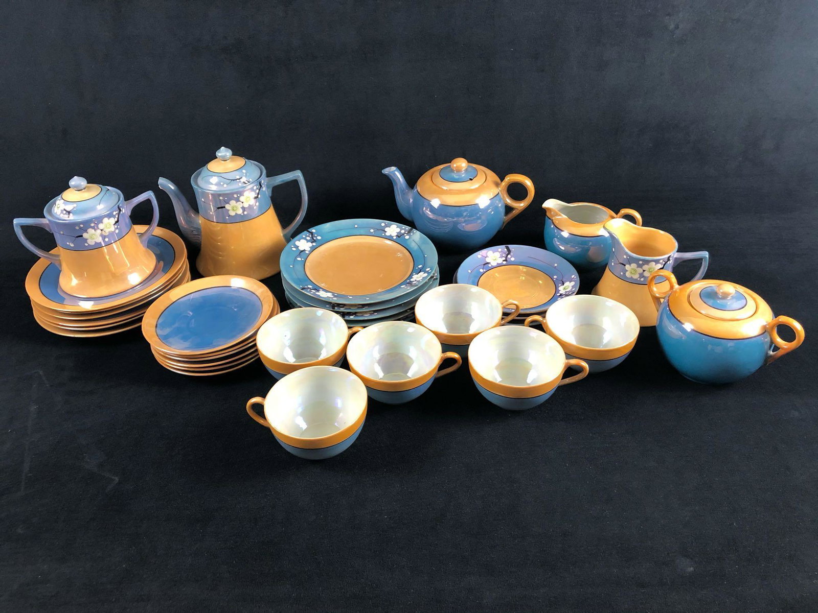 32 Pc Vintage Lustreware Rising Sun Japan Blue W/ Cherry Blossoms Tea Set (1 of 10)
