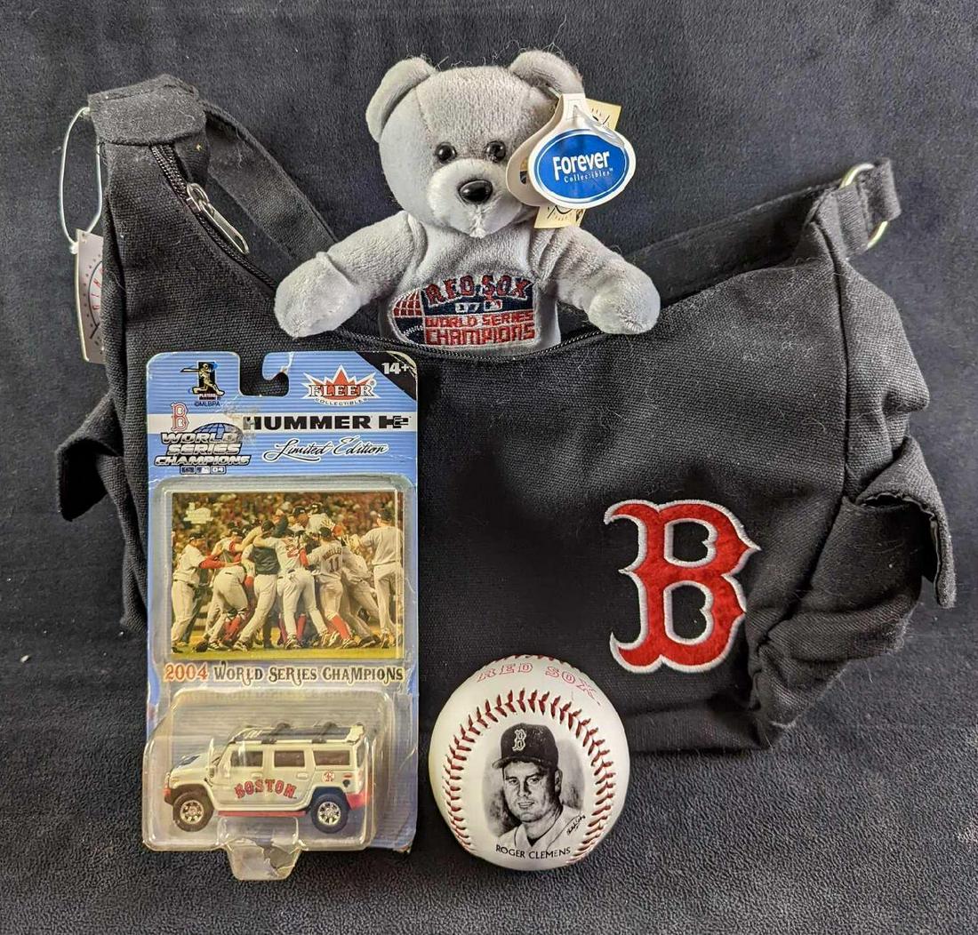 Boston Red Sox Bag, Baseball, Bear & Toy Hummer: This lot consists of: (1) Roger Clemens Burger King Promotional Baseball. The ball is approx 3" x 3" x 3" and it weighs 0.31lb. There is some light wear to the ball. From 1996. (1) Red Sox World Serie