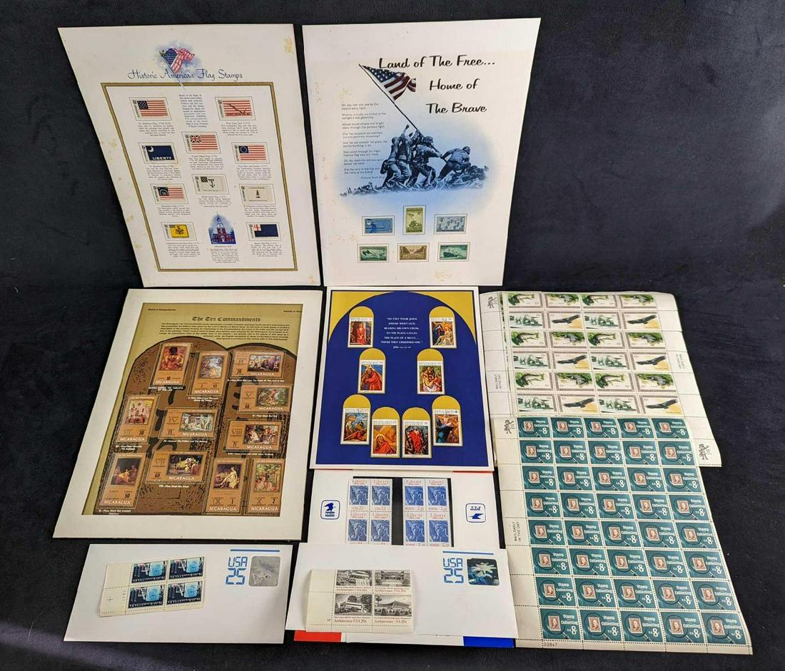 Assorted Foreign & US Postage Stamps: This lot includes: (1) "Liberty and "Liberte". This includes 4 USA 22 Cent Stamps and 4 French Stamps. These come in a booklet with information both in English and French. (1) Sheet Of 4 Architecture
