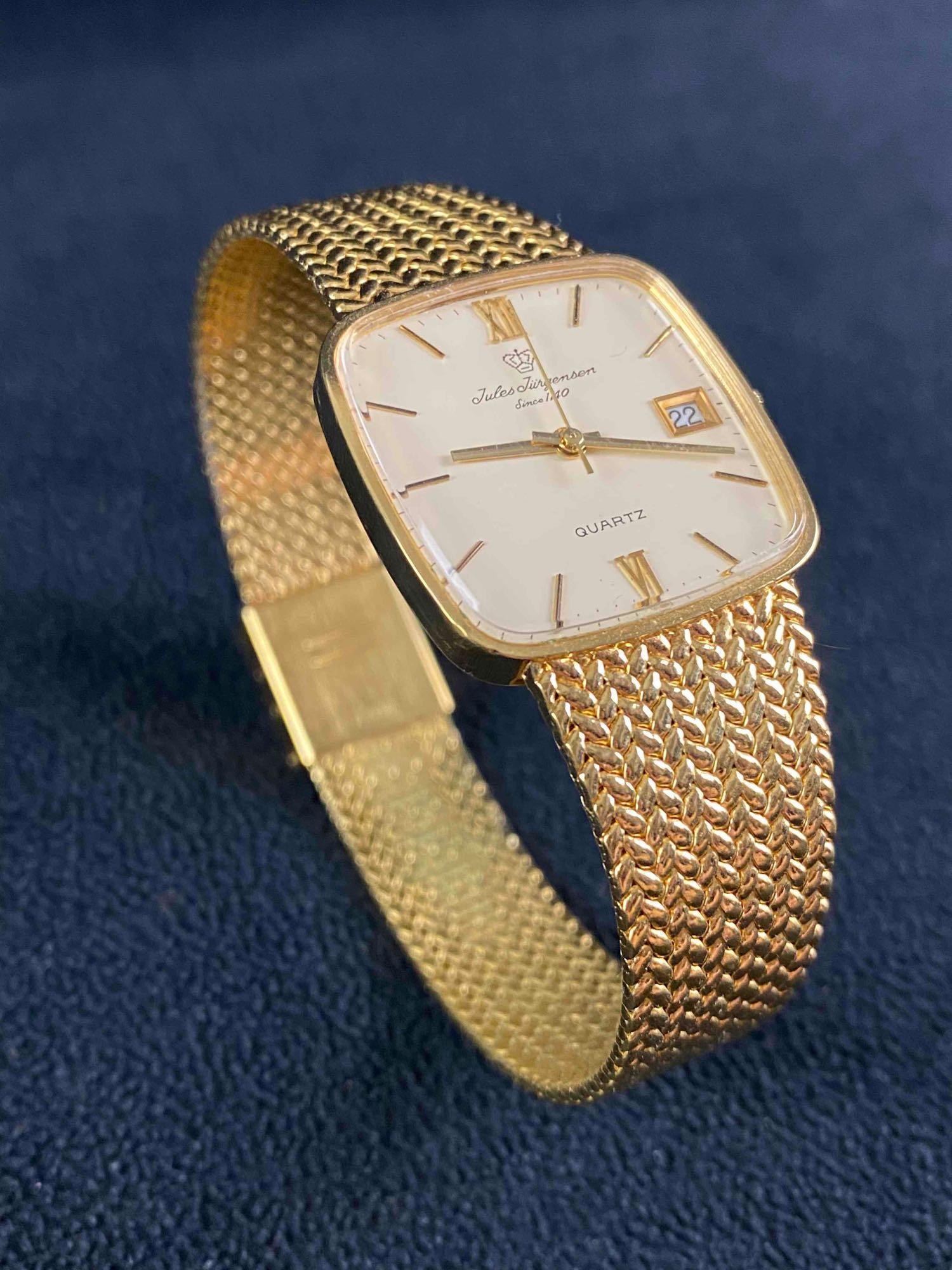 Vintage Jules Jurgensen Quartz Watch Gold-Plated: Vintage Jules Jurgensen Quartz Watch Gold Plated 1980s gold-plated quartz watch from Jules Jurgensen, with a mesh band and square face. The watch needs a new battery, as it is not currently working. I