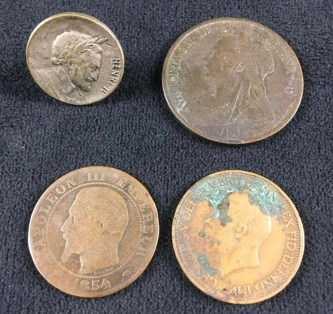 4 Piece Euro Coin Lot: 4 Piece Euro Coin Lot. This lot is in fair condition. The coins have various degrees of wear and discoloration from age. This set includes: 1 Napoleon III Empereur 1854 coin 1 Georges V Dei Gra Britt