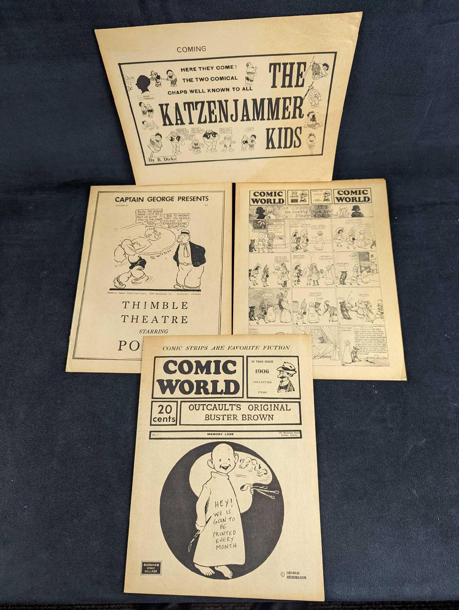 4 Vintage Comic Strip Collections Popeye: This lot contains: (1) Comic World Volume 2. (1) Captain George Presents Thimble Theatre Starring Popeye. Number 37. (1) Collector's Issue -Memory Lane- "Mutt And Jeff". (1) Comic World Number 1. Toge