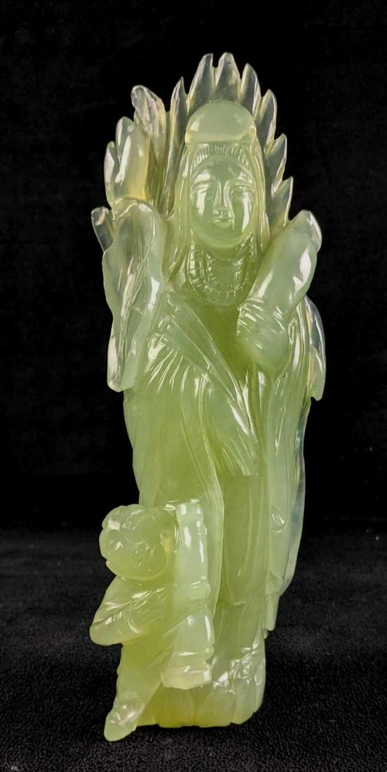 Vintage Jade Chinese Figurine: Vintage Jade Chinese Figurine This figurine is rich with detail. It stands 9in tall. It is a beautiful Jade piece that would look great in your collection. It is in great condition with no known damag