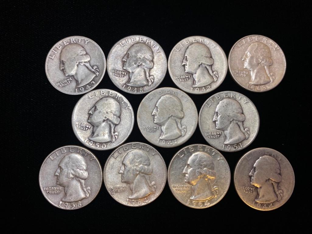 Mixed Date Lot of 11 Silver Quarters: Mixed Date Lot of 11 Silver Quarters These fine American Coins have been researched and verified by professionals to be Authentic. Please view all our pictures they are part of our description. The co