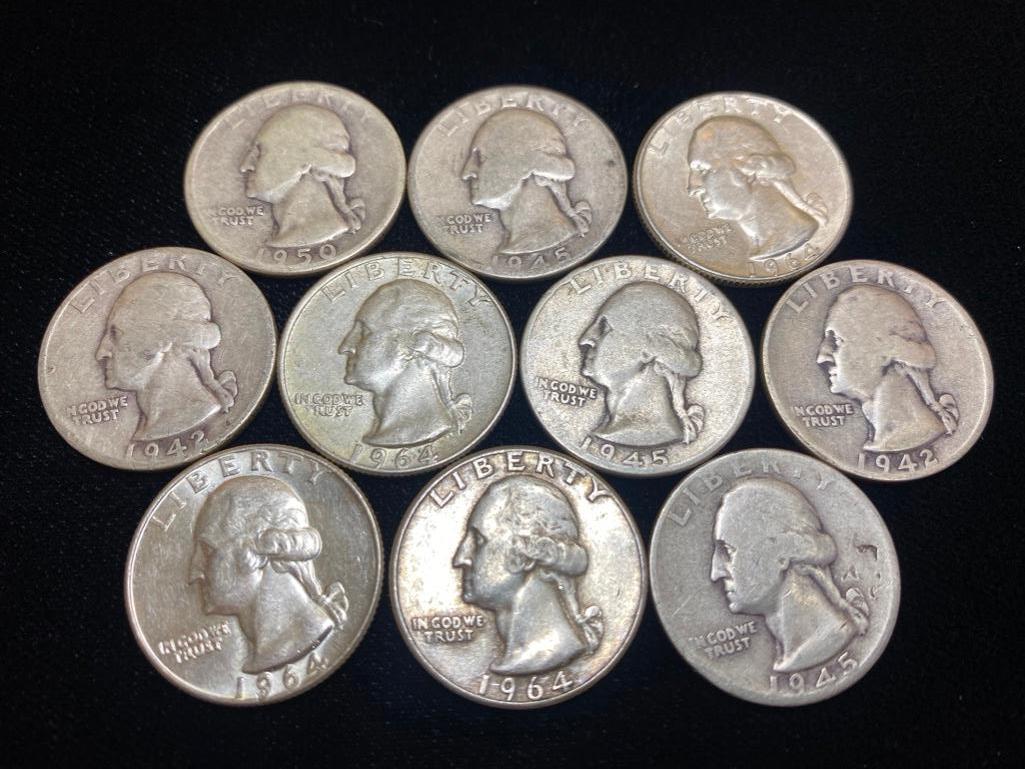 Mixed Date Lot of 10 Silver Quarters: Mixed Date Lot of 10 Silver Quarters These fine American Coins have been researched and verified by professionals to be Authentic. Please view all our pictures they are part of our description. The co