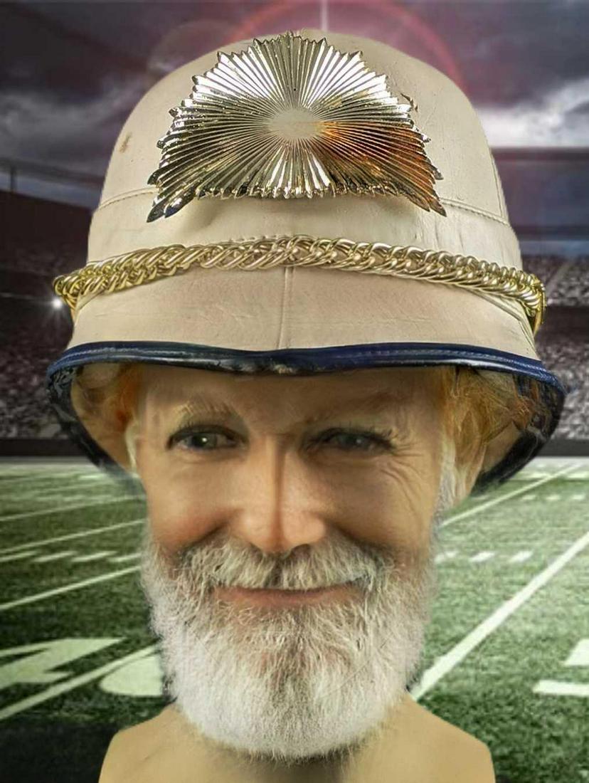 Vintage Leather Marching Band Hat Pith Helmet: Vintage Leather Marching Band White With Blue Trim. Has a silver-colored starburst and chain. The hat is well worn and has wear on the starburst and inside along with some duct-tape. Please see images