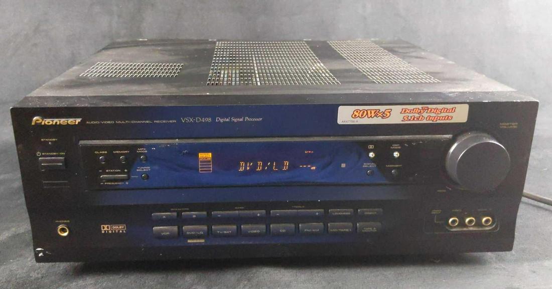 Pioneer VSX D498 Dolby Digital Audio Video Receiver: Retired by company.350 watts, Dolby Digital AC3 sound, digital signal processor, 6 simulated sound fields, midnight mode, 100 watts x 2 in stereo mode. 4 audio/video inputs. Front audio/video input. A