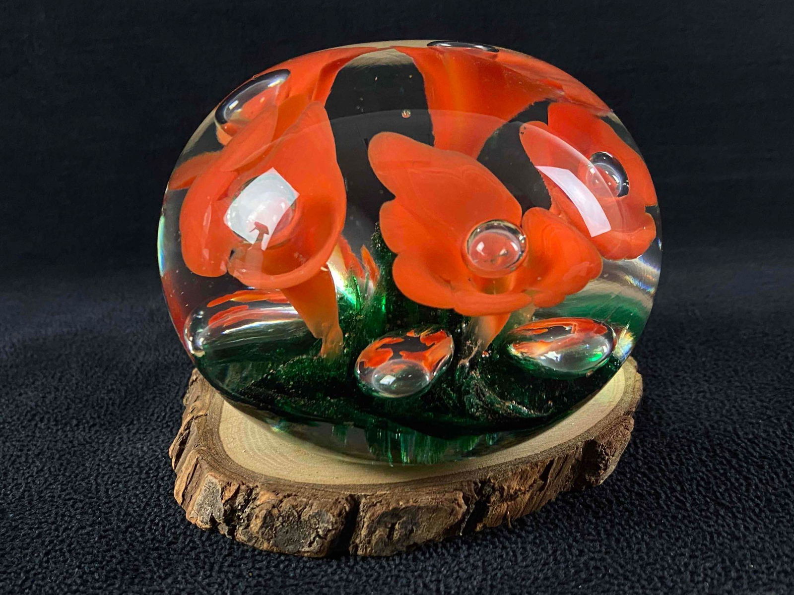 Joe St Clair Orange Trumpet Flowers Suspended Bubble Paperweight (1 of 7)
