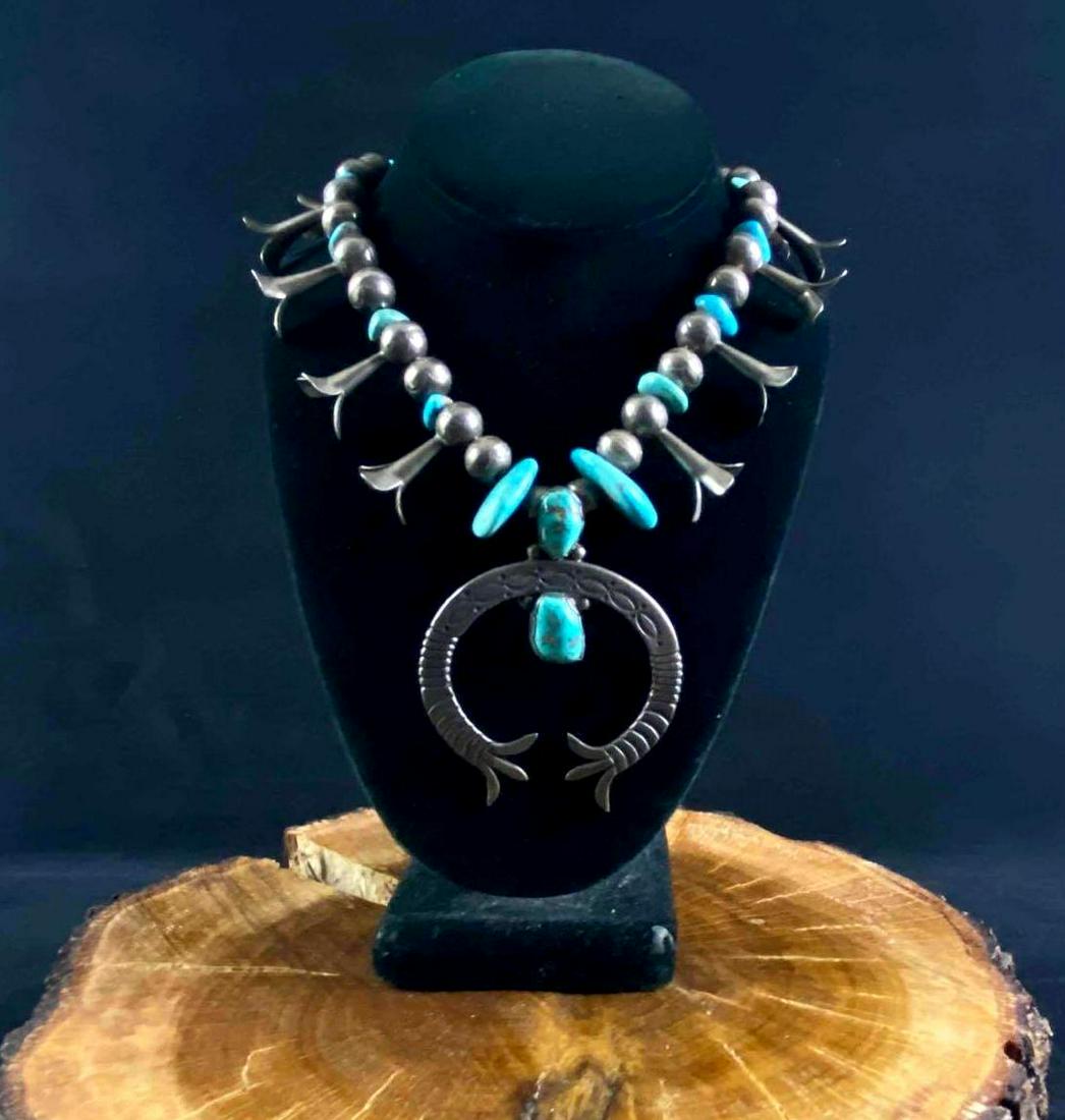 Vintage Navajo Carl W Luthey Studios Lone Mountain Squash Blossom Turquoise Necklace (1 of 20)