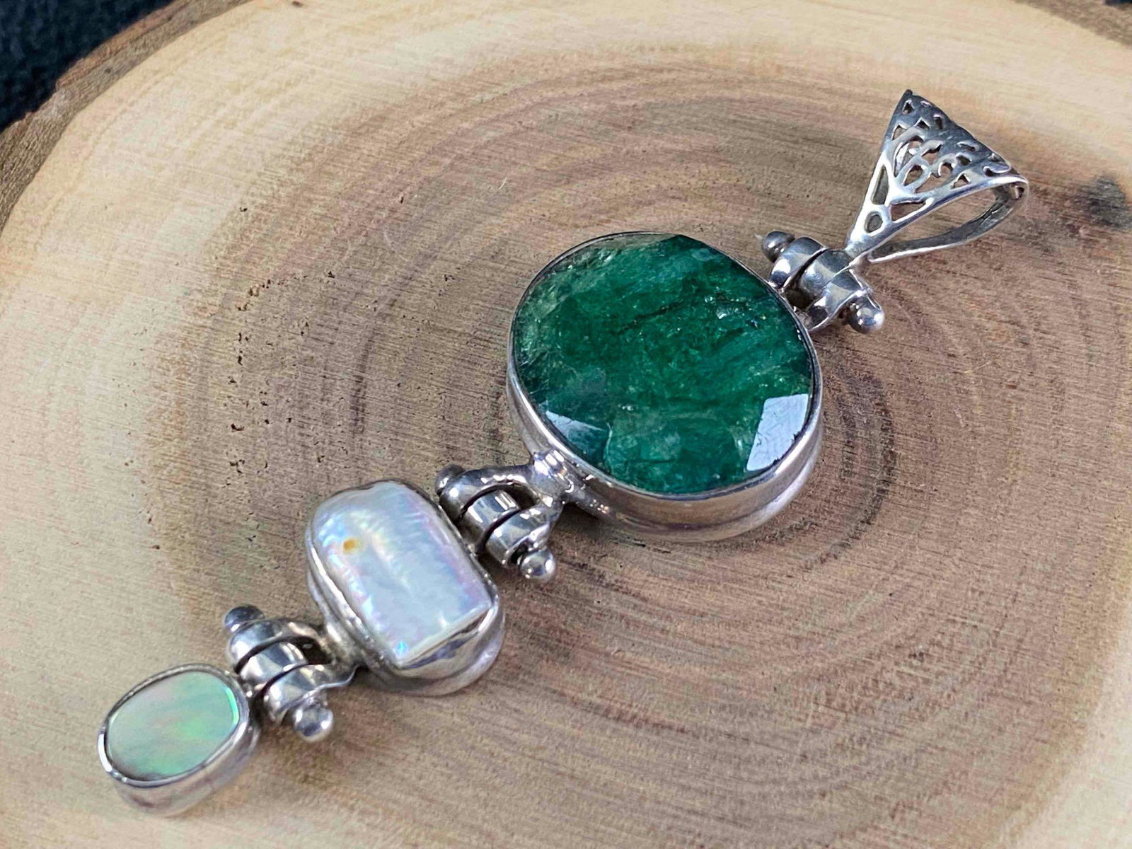 Vintage Brazilian Emerald Biawa Pearl Sterling Silver Pendant (1 of 8)