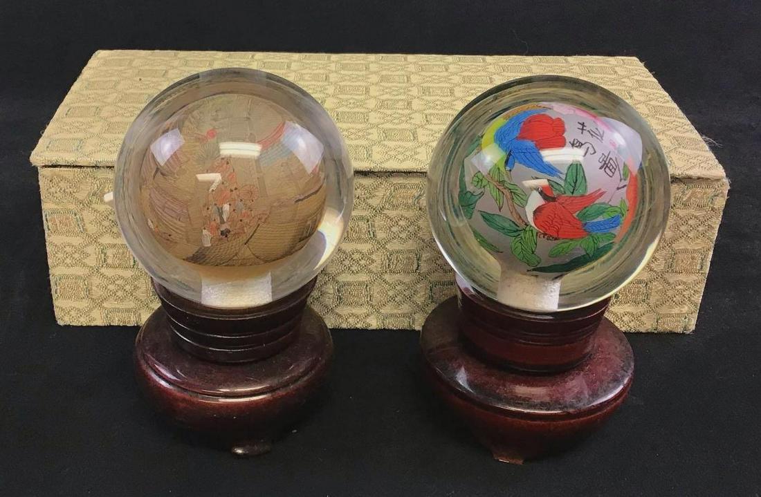 Lot of 2 Hand painted Blown Glass with Chinese Art on Revolving Wooden Pedestal Modern (1 of 10)