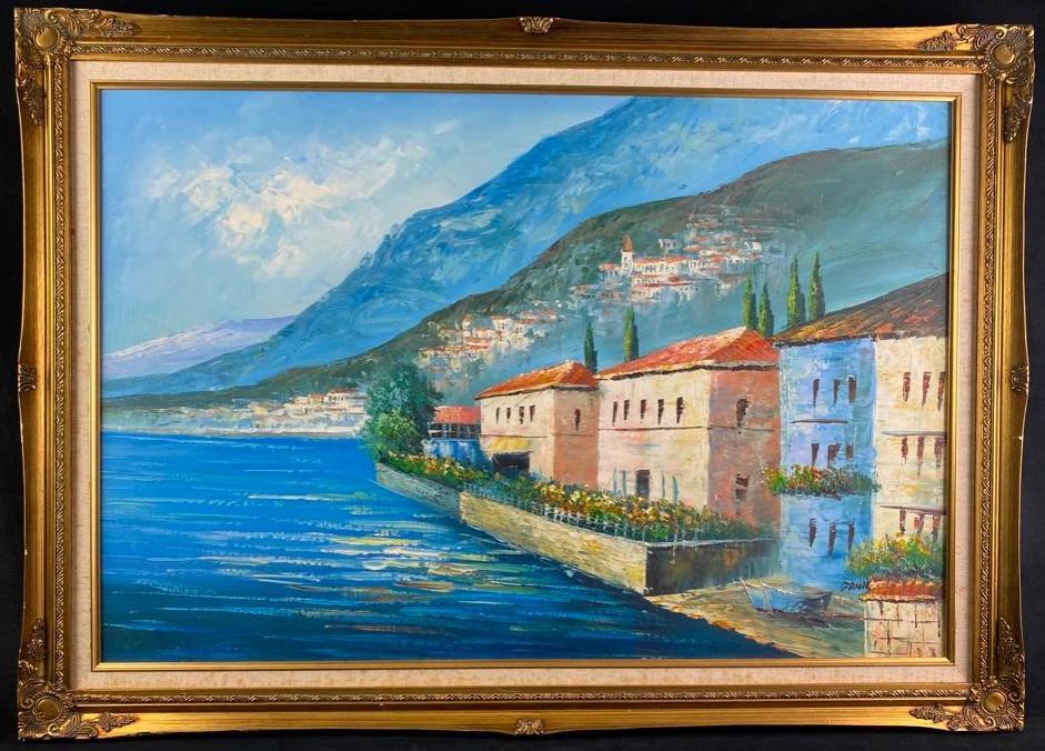 Mediterranean Seaside Town Signed Oil on Canvas (1 of 8)