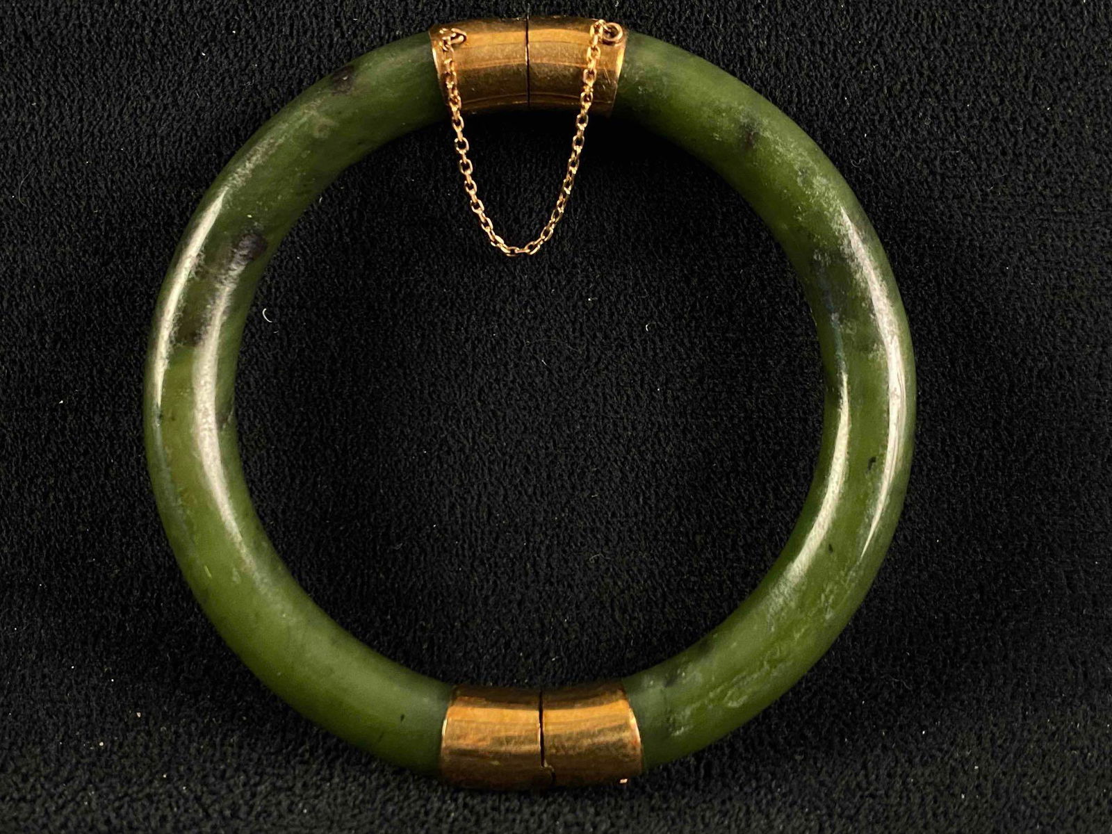 Antique Natural Green Jade 14K Gold Bangle Segmented Bracelet W/ Safety Chain (1 of 14)