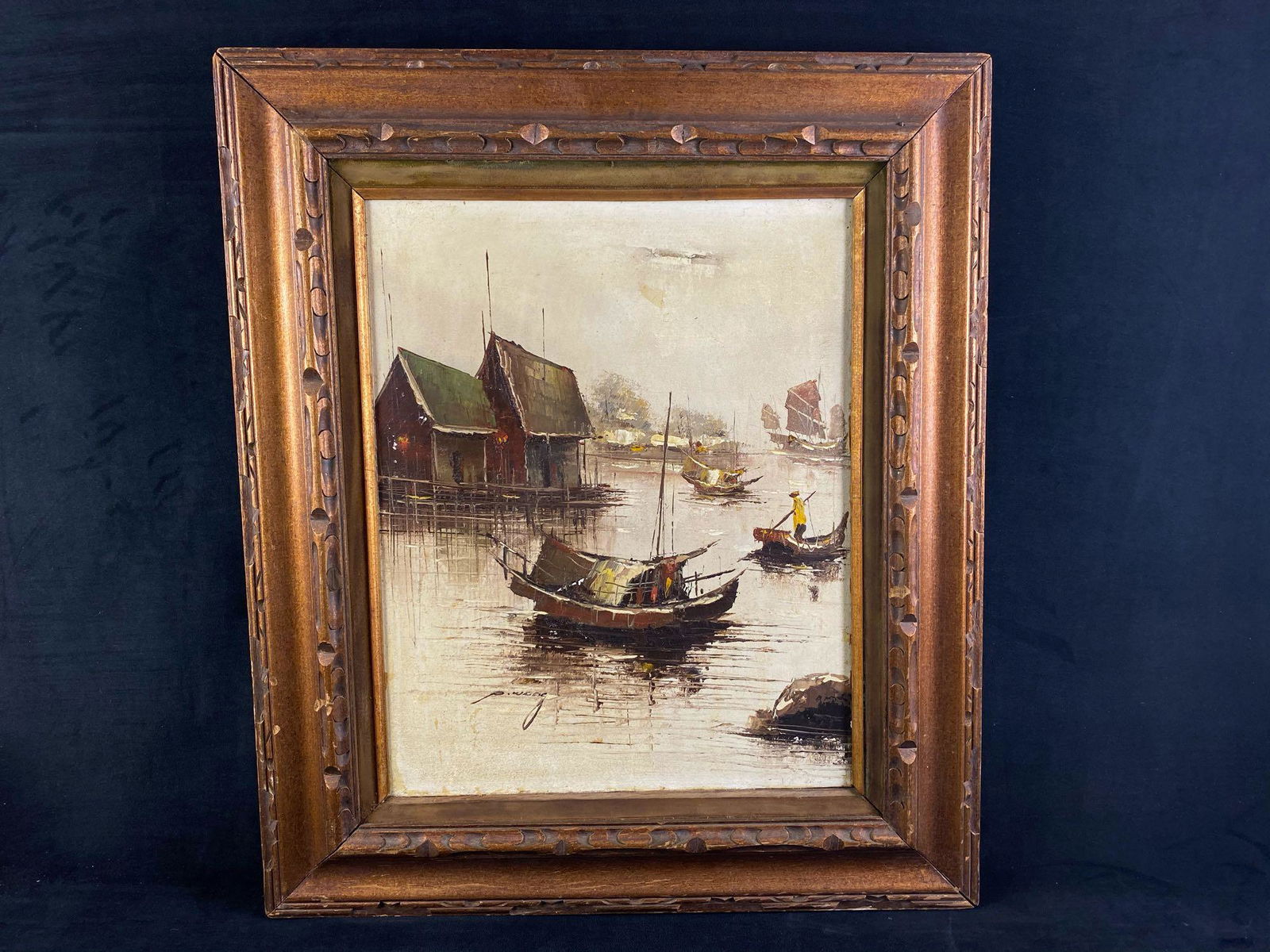 Original Oil on Canvas Nautical Painting Signed Framed, Seascape Asian Junk Boats By P. Wong (1 of 10)
