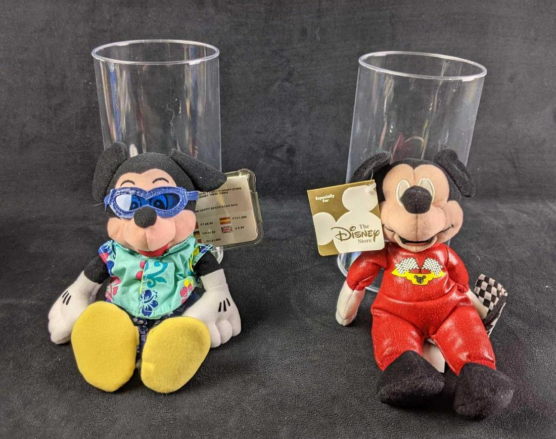 Mickey Mouse Bean Bag Dolls: Mickey Mouse Bean Bag Dolls Two Themed Bean Bag Dolls 1.5lb Mickey Mouse Happy Beach 9" Motor Racer Mickey 9" Motor Racer Mickey has some storage wear, the material on his clothing has peelies but is
