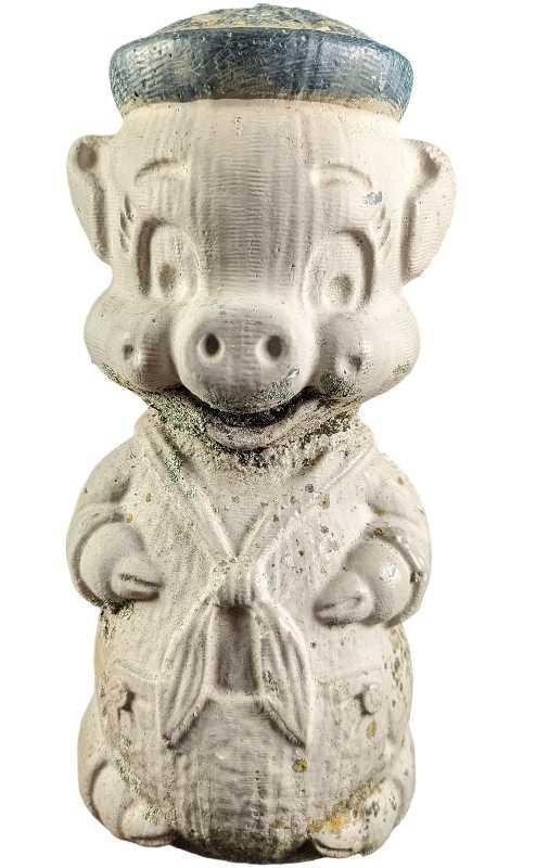 Vintage Heavy Pig With Hat Concrete Garden Statue (1 of 8)