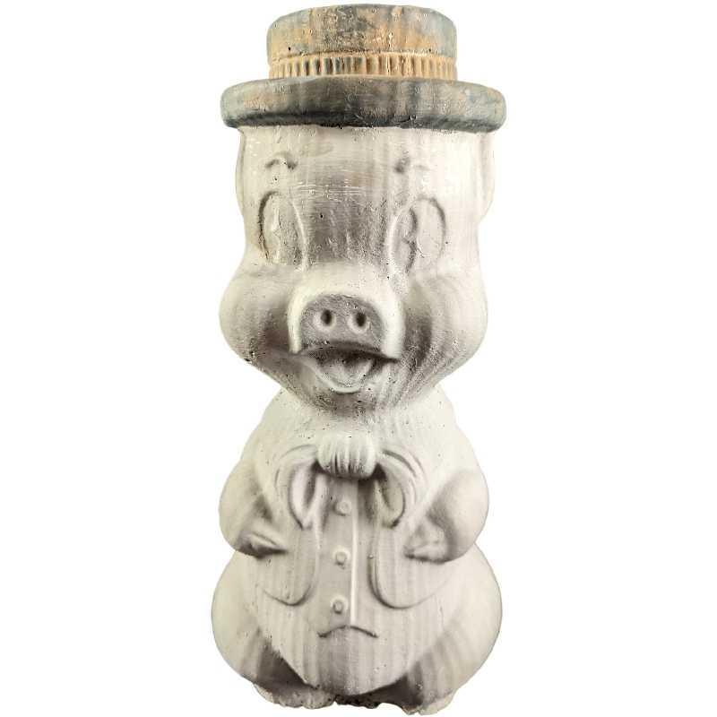 Vintage Heavy Pig With Hat Concrete Garden Statue (1 of 8)