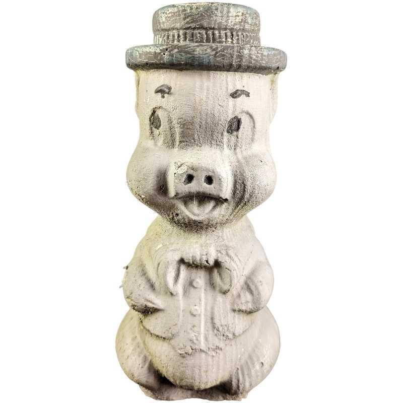 Vintage Heavy Pig With Hat Concrete Garden Statue (1 of 7)