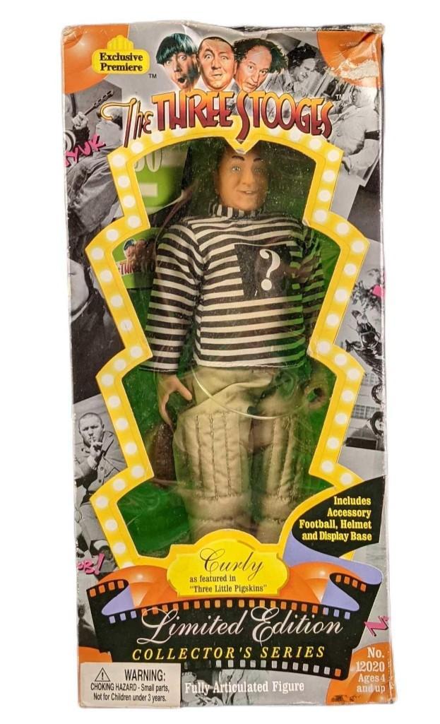 LE 3 Stooges Curly Football Action Figure: Here is a fully articulated figure of the great Curly from the 3 Stooges. Everyone's favorite numskull is decked out in a football uniform from the "Three Little Pigskins" short. Curly comes with a fo