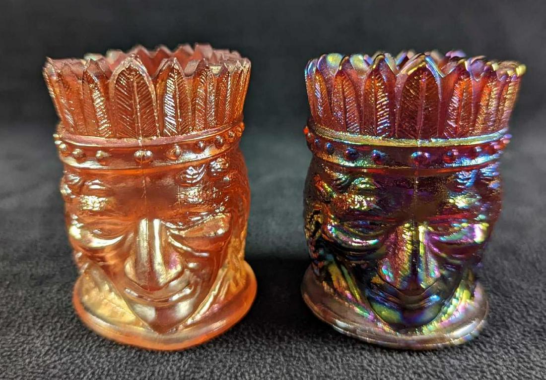 2 Vintage Joe St Clair Glass Chief Toothpick Holders: This lot includes: (1) 1976 Bicentennial Joe St. Clair Indian Chief Toothpick Holder. (1) 1971 Joe St. Clair Indian Chief Toothpick Holder. Has a small imperfection on a feather on the right-center to