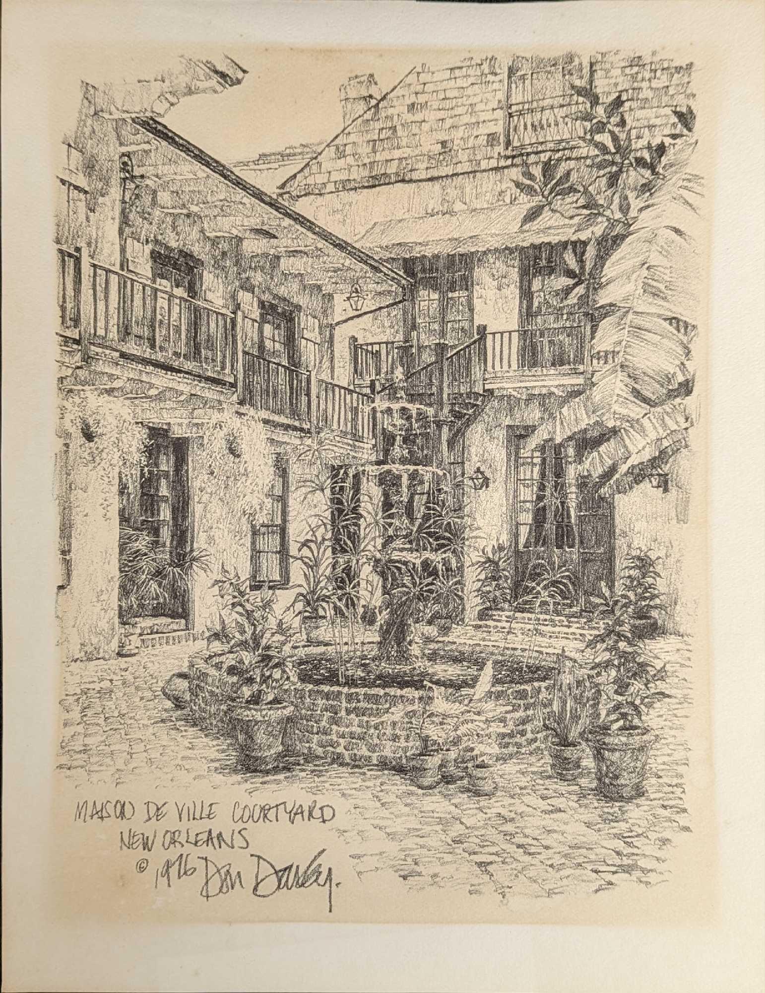 Maison De Ville Courtyard Don Davey New Orleans Print: Don Davey's "Maison De Ville Courtyard" Print. Based off an original sketch. The print is approx 10" x 13" and weighs 0.03lb. And is in a good, vintage condition with some wear near the bottom left. P