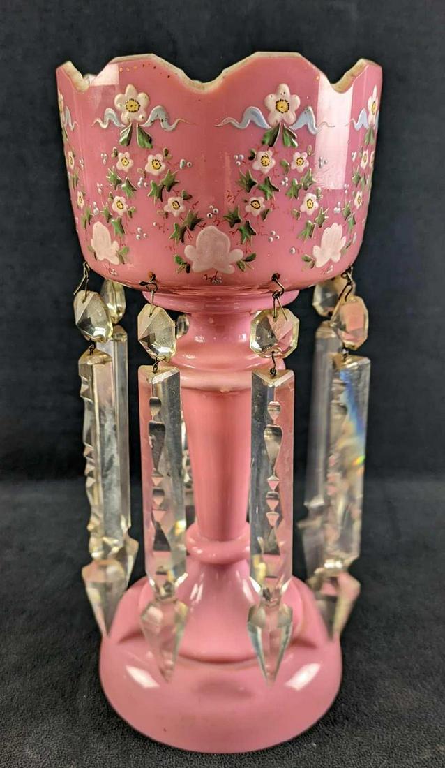 Vintage Pink Opaline Glass Luster W Glass Prismatic Drops: Vintage Pink Opaline Glass Luster With Eight Glass Prismatic Drops. Has a series of hand-painted flowers. The maker and date of creation are unknown. Is approx 6" x 6" x 13" and it weighs 3.45lbs. The