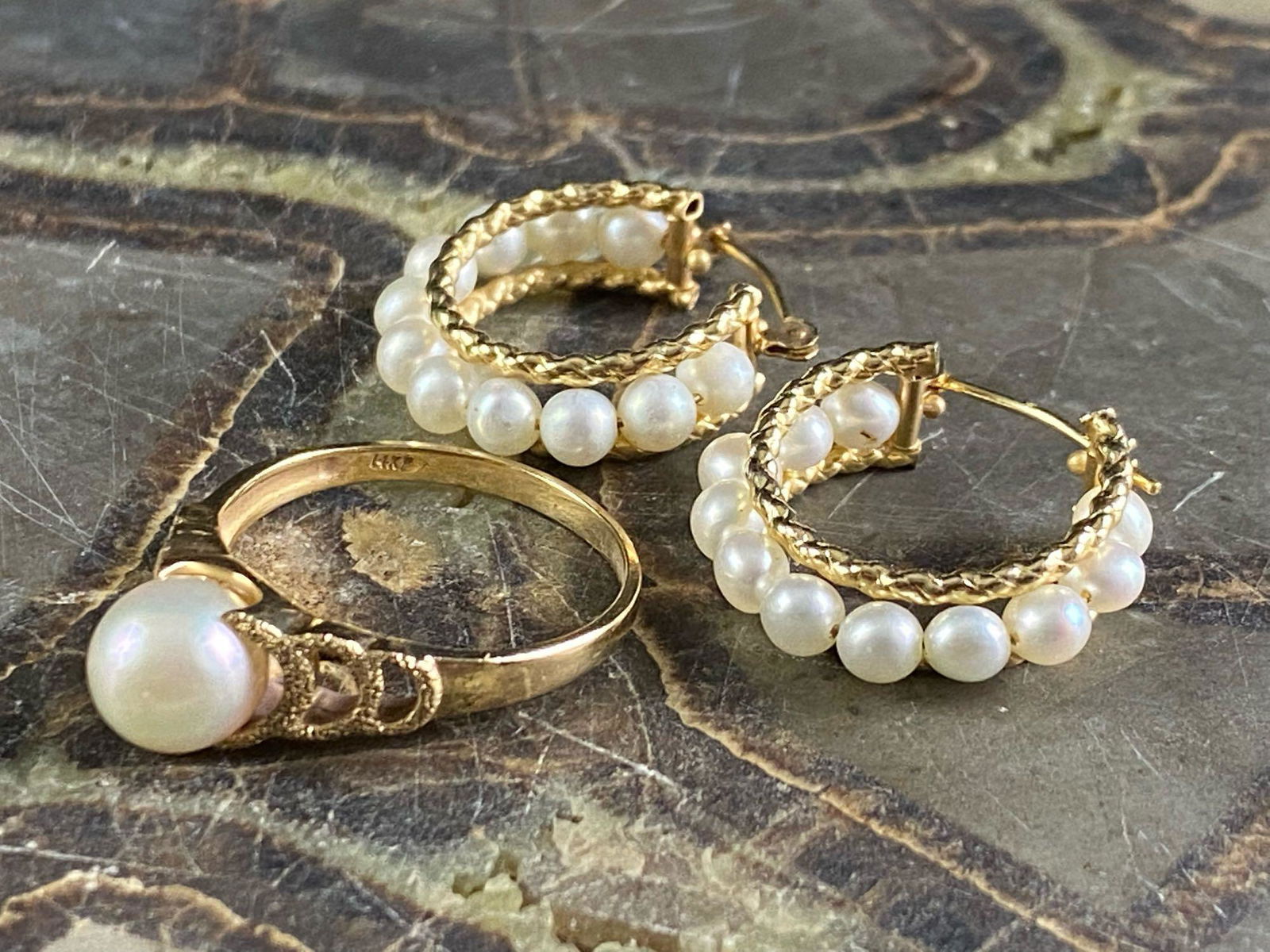 Vintage 3 Pc 14k & 10K Natural Pearl Earrings & Ring Set (1 of 8)