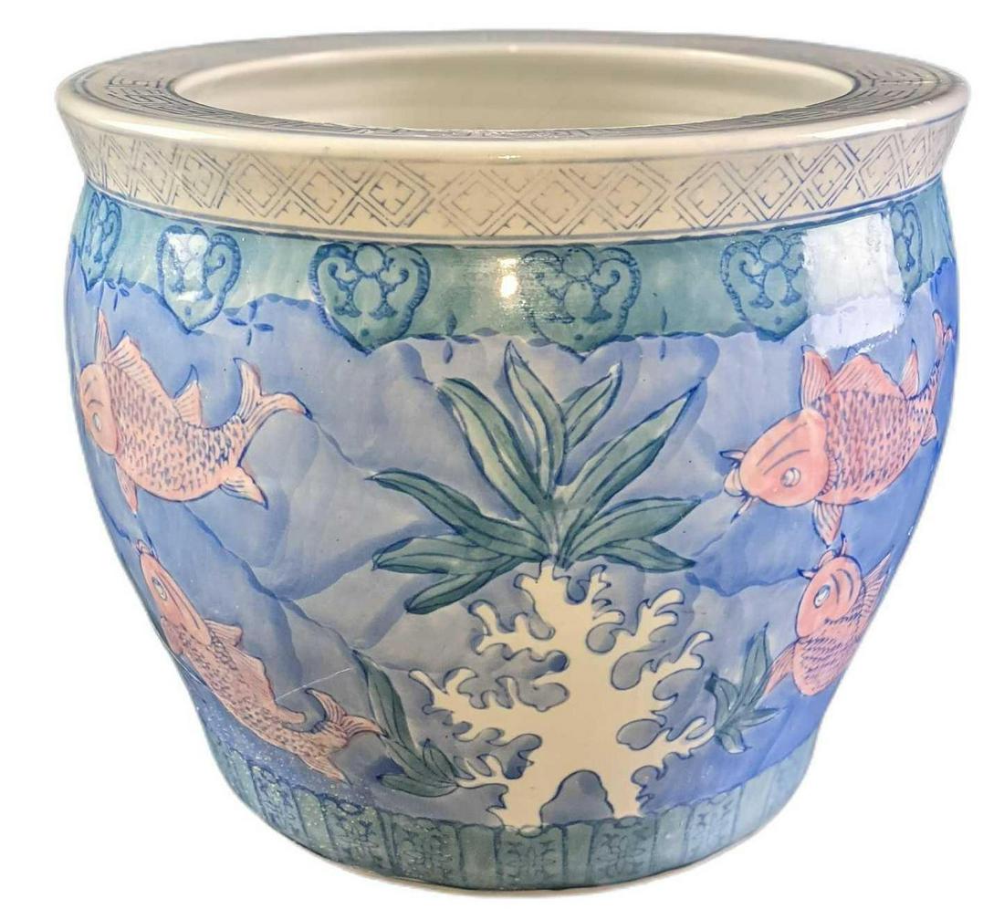 Large Vintage Ceramic Floor Planter Fish Pattern: Large Vintage Ceramic Floor Planter Fish Pattern. The maker and date of creation are unknown. The planter is approx 13 1/2" x 13 1/2" x 11" and it weighs 12.66lbs. The planter is in a good, used condi